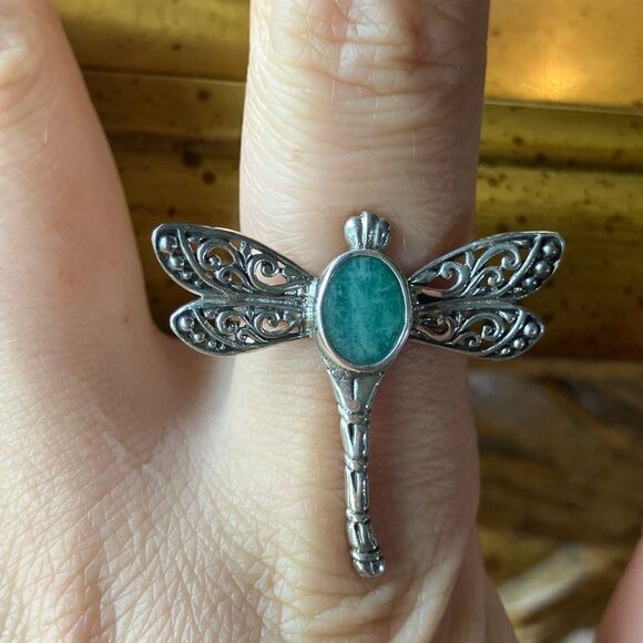 Natural Emerald Sterling Silver Dragonfly Ring Size 9 - Picture 1 of 8